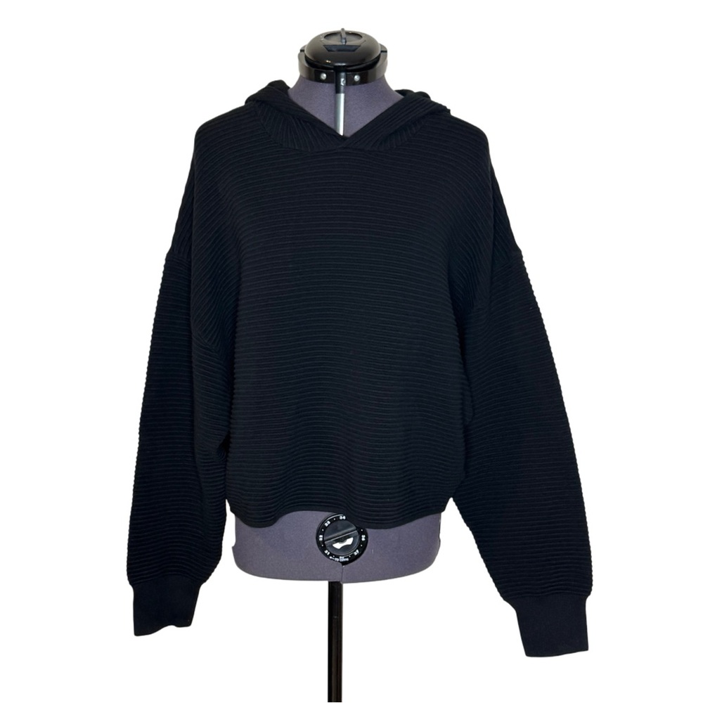 Offline Aerie Black Textured Rib Crop Hoodie Sweatshirt NWT